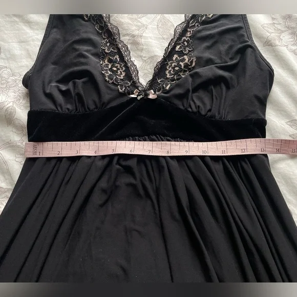 Y2K Black Velvet Babydoll Leopard Lace Maxi Slip Dress Medium Whimsigoth Goth - Picture 5 of 9